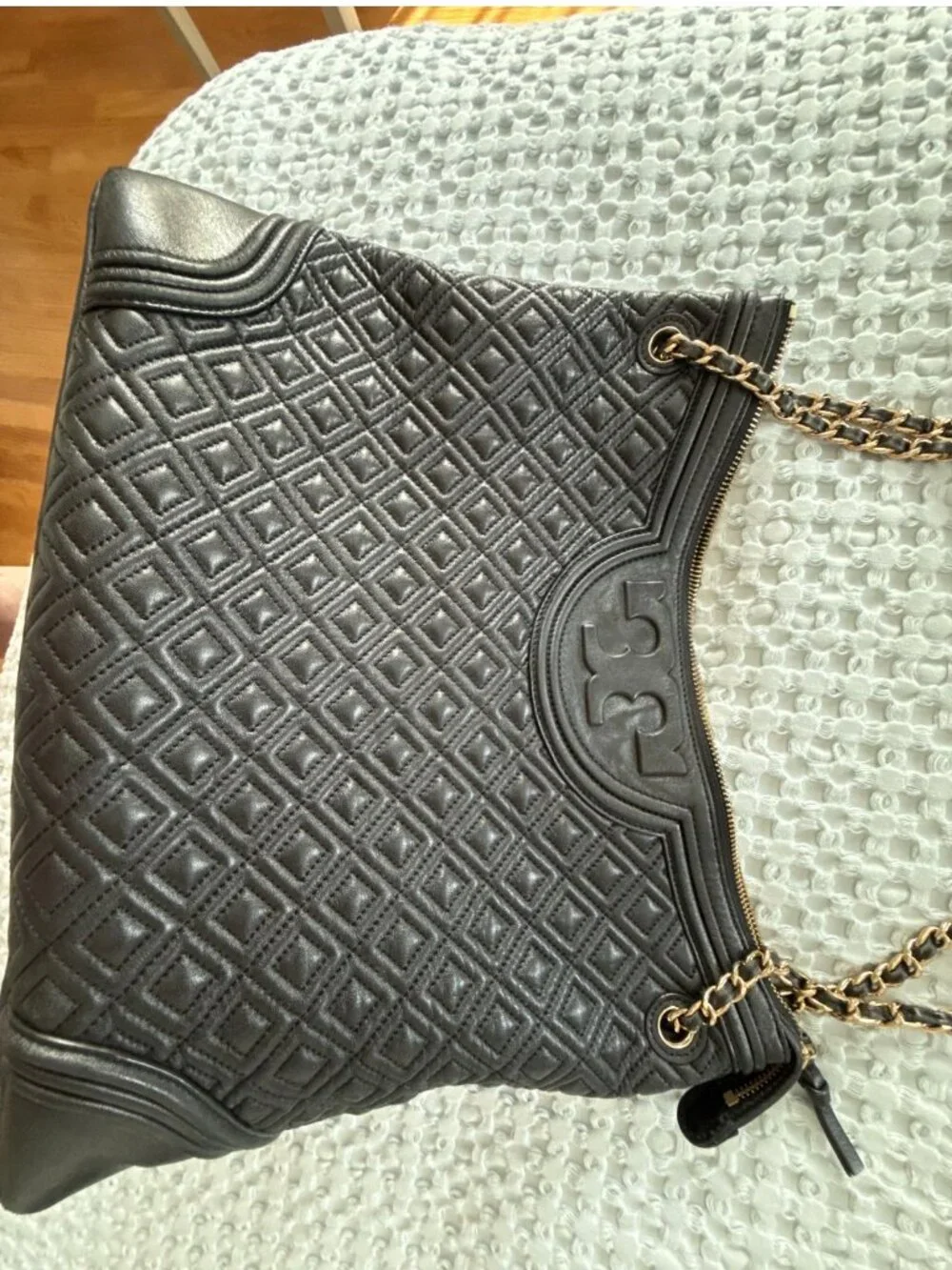 Tory Burch Fleming Quilted Leather Tote Bag Black Gold Chain Shoulder Bag